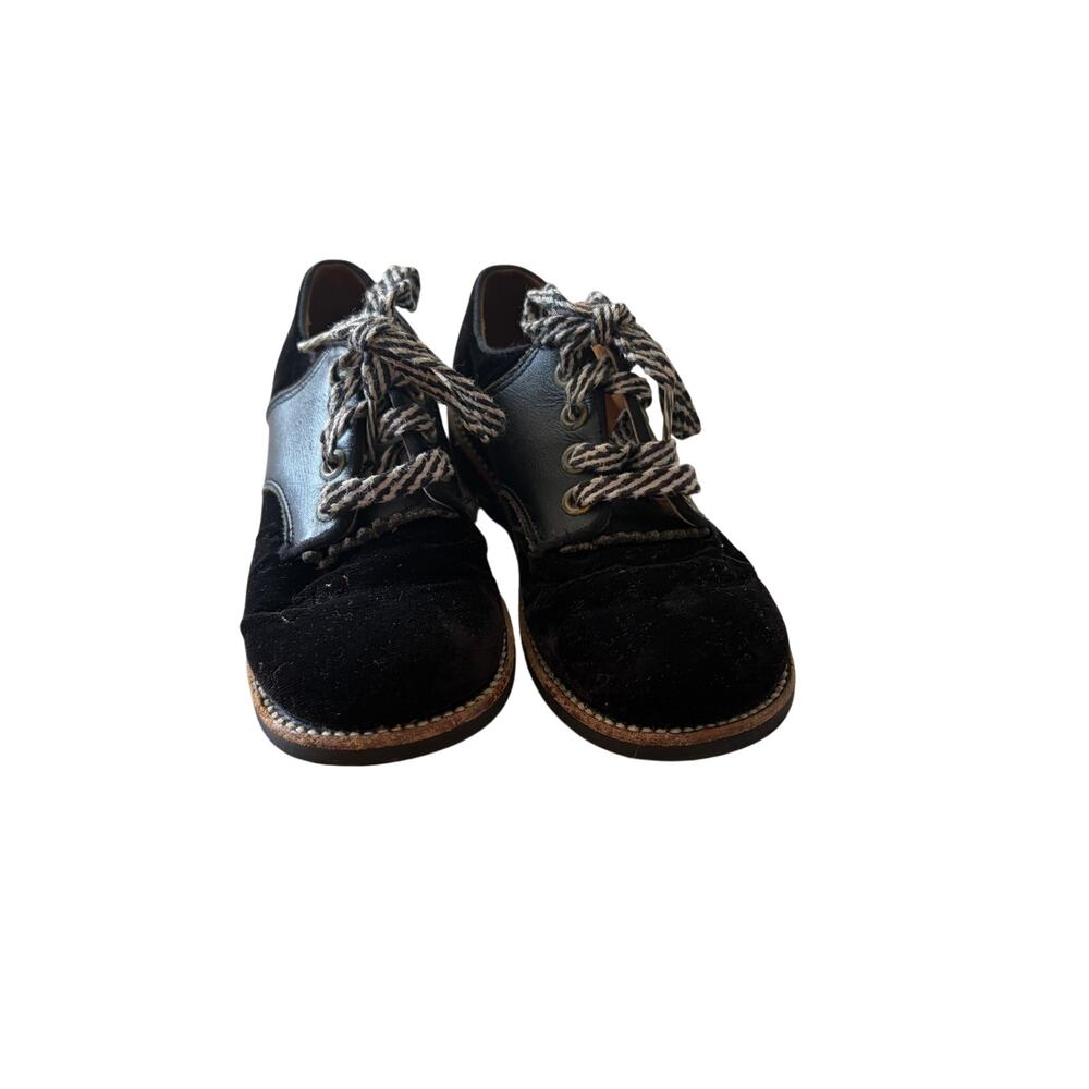 Vintage Buster Brown Black Velvet Leather Saddle Oxford Lace up Kids 9 Retro - Picture 2 of 6
